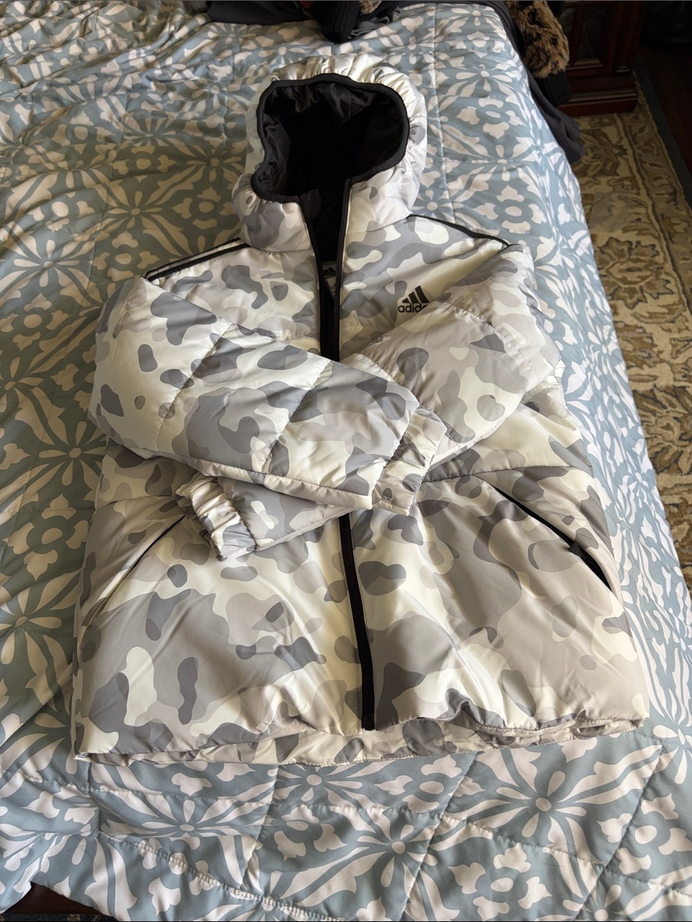 adidas Kids White & Gray Camo Puffer Jacket with Hood